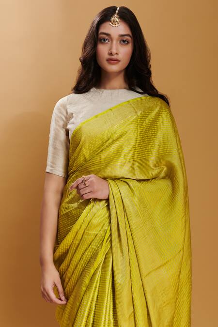 Surmaye Yellow Handloom Cotton Striped Handwoven Rippled Saree Online at Aza Fashions Surmaye_Yellow Handloom Cotton Striped Handwoven Rippled Saree _Online_at_Aza_Fashions