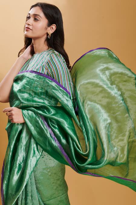 Surmaye Green Handloom Cotton Zari Dancing Moonlight Handwoven Saree Online at Aza Fashions Surmaye_Green Handloom Cotton Zari Dancing Moonlight Handwoven Saree _Online_at_Aza_Fashions