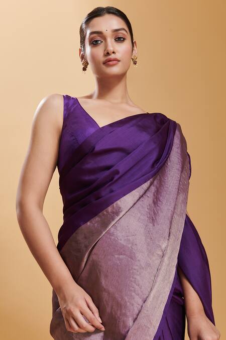 Surmaye_Purple Handwoven Confluence Bordered Saree_Online_at_Aza_Fashions