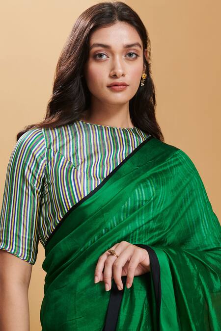 Surmaye_Green Silk Love Canal Handwoven Bordered Saree_Online_at_Aza_Fashions