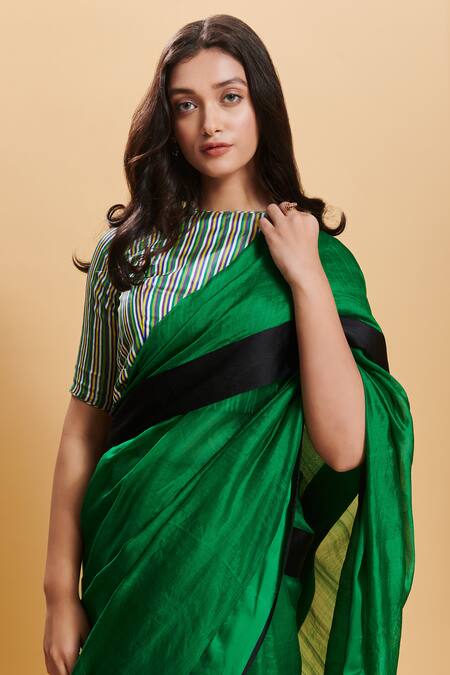 Surmaye_Green Silk Love Canal Handwoven Bordered Saree_at_Aza_Fashions