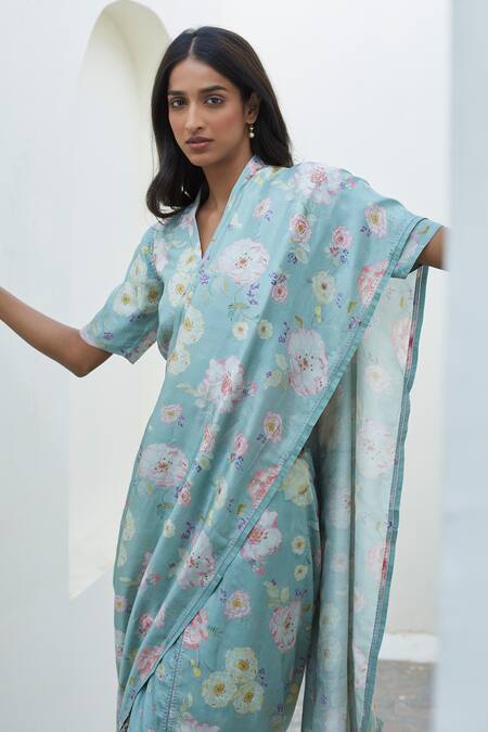 Shop Surmaye Green Handloom Cotton Harmony Floral Print Saree Online at Aza Fashions Shop_Surmaye_Green Handloom Cotton Harmony Floral Print Saree _Online_at_Aza_Fashions