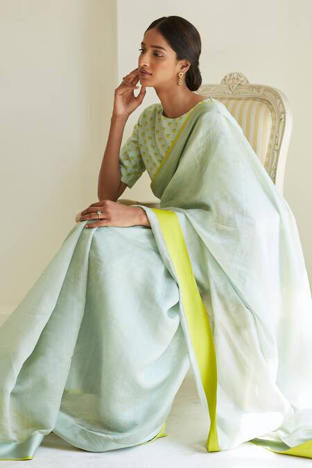 Shop Surmaye Green Handloom Cotton, Silk Serendipity Handwoven Bordered Saree Online at Aza Fashions Shop_Surmaye_Green Handloom Cotton, Silk Serendipity Handwoven Bordered Saree _Online_at_Aza_Fashions