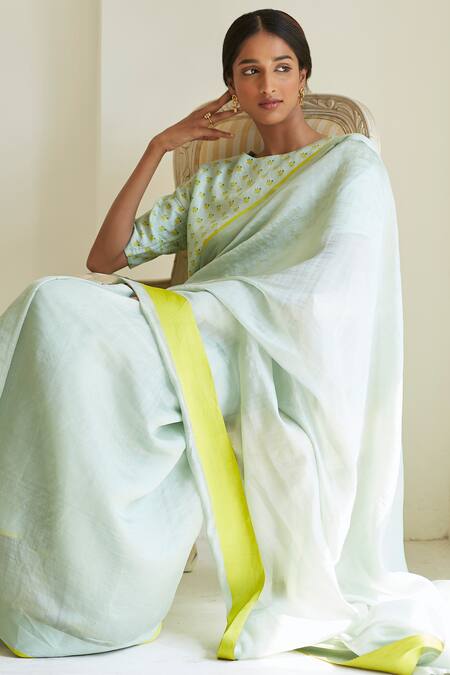 Surmaye Green Handloom Cotton, Silk Serendipity Handwoven Bordered Saree at Aza Fashions Surmaye_Green Handloom Cotton, Silk Serendipity Handwoven Bordered Saree _at_Aza_Fashions