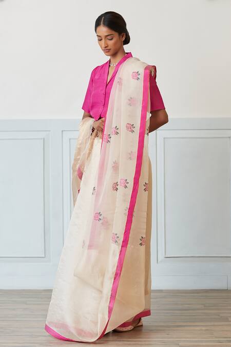 Surmaye_Gold Handloom Cotton Embroidery Grace Rose Pattern Jamdani Saree_Online_at_Aza_Fashions
