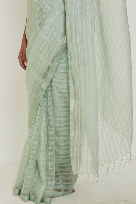 Buy_Surmaye_Green Silk Zari Serenity Stripe Pattern Handwoven Saree _Online_at_Aza_Fashions