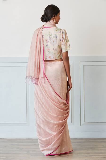 Shop Surmaye Gold Silk, Organza Pristine Stripe Pattern Handwoven Saree at Aza Fashions Shop_Surmaye_Gold Silk, Organza Pristine Stripe Pattern Handwoven Saree_at_Aza_Fashions