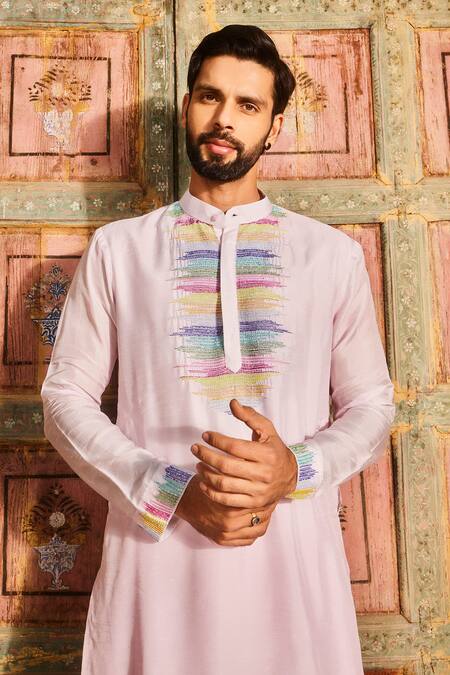 Shop Diyarajvvir Pink Denim, Linen Cut Work Astral Cutdana And Thread Embroidered Kurta With Pant at Aza Fashions Shop_Diyarajvvir_Pink Denim, Linen Cut Work Astral Cutdana And Thread Embroidered Kurta With Pant _at_Aza_Fashions