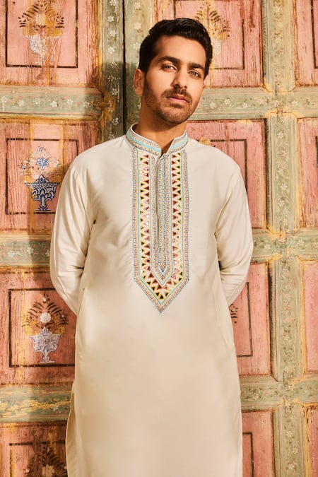 Shop_Diyarajvvir_Yellow Cotton, Silk Embroidery Prism Yoke Kurta With Pant _at_Aza_Fashions