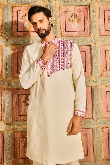 Shop Diyarajvvir Yellow Cotton, Silk Embroidery Diamond Grid Thread Kurta With Pant at Aza Fashions Shop_Diyarajvvir_Yellow Cotton, Silk Embroidery Diamond Grid Thread Kurta With Pant _at_Aza_Fashions
