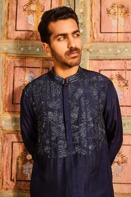 Shop Diyarajvvir Blue Denim, Silk Cut Work Fleur Cutdana Embroidered Kurta With Pant at Aza Fashions Shop_Diyarajvvir_Blue Denim, Silk Cut Work Fleur Cutdana Embroidered Kurta With Pant _at_Aza_Fashions