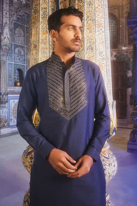 Shop Diyarajvvir Blue Cotton, Silk Cut Work Metallic Vine Embroidered Yoke Kurta With Pant at Aza Fashions Shop_Diyarajvvir_Blue Cotton, Silk Cut Work Metallic Vine Embroidered Yoke Kurta With Pant _at_Aza_Fashions