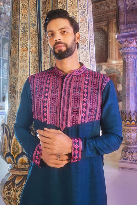 Shop Diyarajvvir Blue Denim Embroidery Fleur Grid Thread Kurta With Pant at Aza Fashions Shop_Diyarajvvir_Blue Denim Embroidery Fleur Grid Thread Kurta With Pant _at_Aza_Fashions