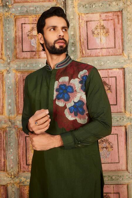 Shop_Diyarajvvir_Green Denim Embroidery Blossom Dream Thread Kurta With Pant _at_Aza_Fashions