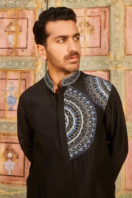 Shop Diyarajvvir Black Denim Cut Work Tribal Mandala Thread Embroidered Kurta With Pant at Aza Fashions Shop_Diyarajvvir_Black Denim Cut Work Tribal Mandala Thread Embroidered Kurta With Pant _at_Aza_Fashions