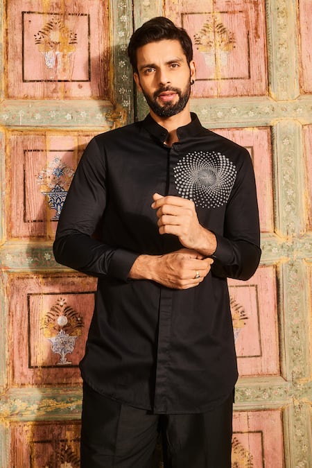 Shop Diyarajvvir Black Cotton, Silk Crystallized Spiral Embroidered Shirt Kurta With Pant at Aza Fashions Shop_Diyarajvvir_Black Cotton, Silk Crystallized Spiral Embroidered Shirt Kurta With Pant _at_Aza_Fashions