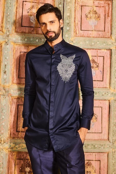 Shop Diyarajvvir Blue Cotton, Silk Beads, Embroidery Mystic Owl Thread Shirt Kurta With Pant at Aza Fashions Shop_Diyarajvvir_Blue Cotton, Silk Beads, Embroidery Mystic Owl Thread Shirt Kurta With Pant _at_Aza_Fashions