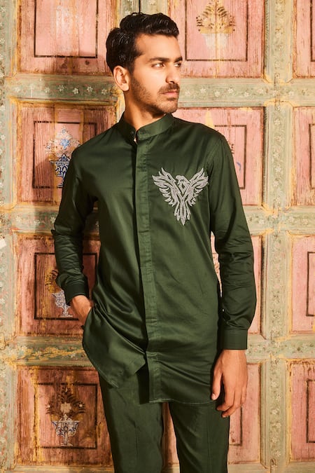 Shop Diyarajvvir Green Cotton, Silk Beads, Embroidery Mighty Eagle Shirt Kurta With Pant at Aza Fashions Shop_Diyarajvvir_Green Cotton, Silk Beads, Embroidery Mighty Eagle Shirt Kurta With Pant _at_Aza_Fashions