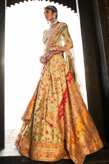 Aditi Gupta Green Kota Doria, Silk, Tissue Sequins, Kani Flower Print Bridal Lehenga Set Online at Aza Fashions Aditi Gupta_Green Kota Doria, Silk, Tissue Sequins, Kani Flower Print Bridal Lehenga Set _Online_at_Aza_Fashions