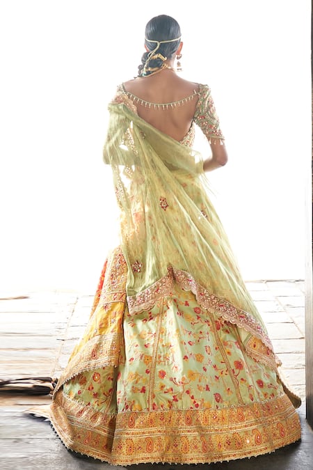 Shop Aditi Gupta Green Kota Doria, Silk, Tissue Sequins, Kani Flower Print Bridal Lehenga Set at Aza Fashions Shop_Aditi Gupta_Green Kota Doria, Silk, Tissue Sequins, Kani Flower Print Bridal Lehenga Set _at_Aza_Fashions