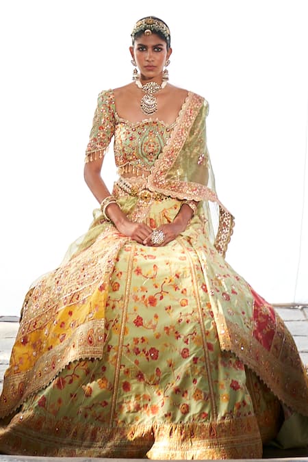 Shop Aditi Gupta Green Kota Doria, Silk, Tissue Sequins, Kani Flower Print Bridal Lehenga Set Online at Aza Fashions Shop_Aditi Gupta_Green Kota Doria, Silk, Tissue Sequins, Kani Flower Print Bridal Lehenga Set _Online_at_Aza_Fashions