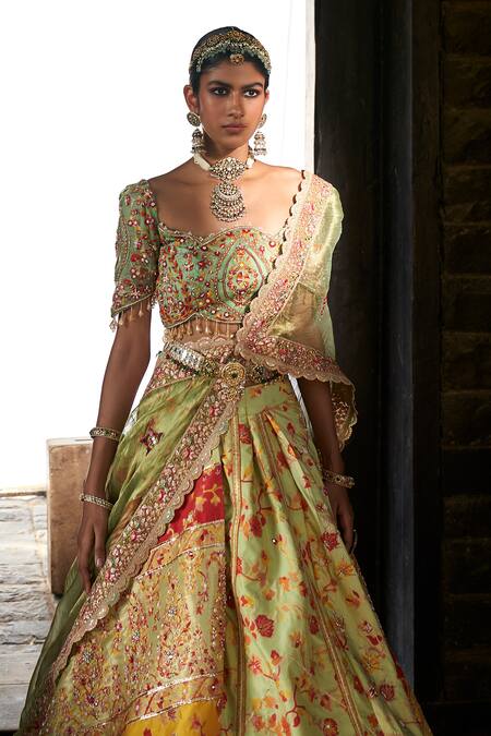 Aditi Gupta Green Kota Doria, Silk, Tissue Sequins, Kani Flower Print Bridal Lehenga Set at Aza Fashions Aditi Gupta_Green Kota Doria, Silk, Tissue Sequins, Kani Flower Print Bridal Lehenga Set _at_Aza_Fashions