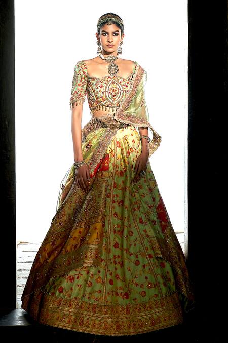 Buy Aditi Gupta Green Kota Doria, Silk, Tissue Sequins, Kani Flower Print Bridal Lehenga Set Buy_Aditi Gupta_Green Kota Doria, Silk, Tissue Sequins, Kani Flower Print Bridal Lehenga Set