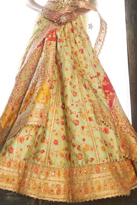 Shop Aditi Gupta Green Kota Doria, Silk, Tissue Sequins, Kani Flower Print Bridal Lehenga Set Shop_Aditi Gupta_Green Kota Doria, Silk, Tissue Sequins, Kani Flower Print Bridal Lehenga Set