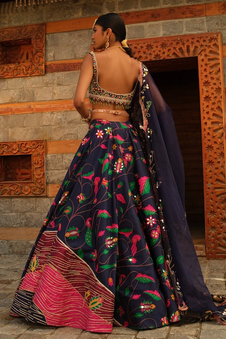 Shop_Aditi Gupta_Blue Silk, Tissue Crystals, Pearls, Paithani Bird Woven Bridal Lehenga Set _at_Aza_Fashions