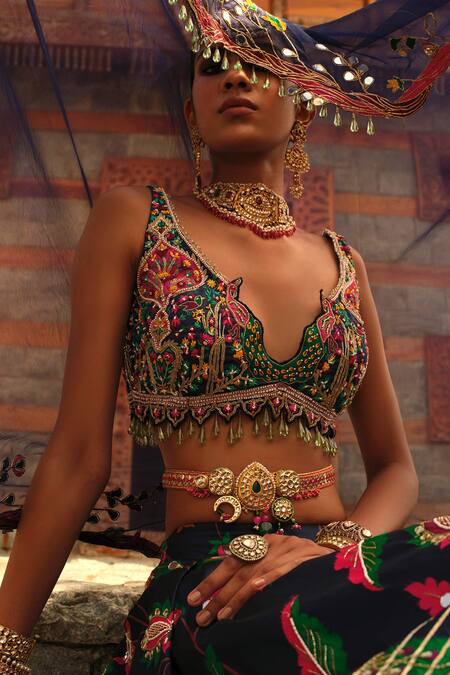 Shop_Aditi Gupta_Blue Silk, Tissue Crystals, Pearls, Paithani Bird Woven Bridal Lehenga Set _Online_at_Aza_Fashions