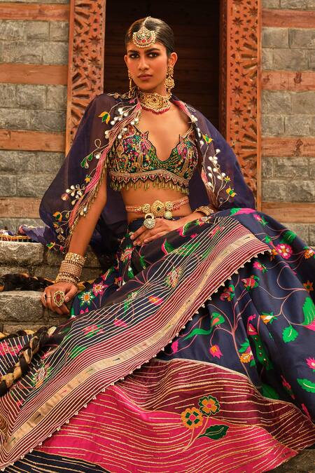 Aditi Gupta_Blue Silk, Tissue Crystals, Pearls, Paithani Bird Woven Bridal Lehenga Set _at_Aza_Fashions