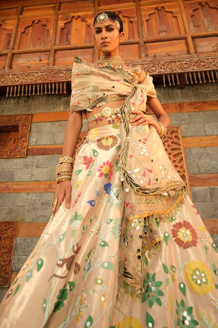 Aditi Gupta_Gold Silk, Tissue Beads, Cut Work, Paithani Botanical Woven Bridal Lehenga Set _Online_at_Aza_Fashions