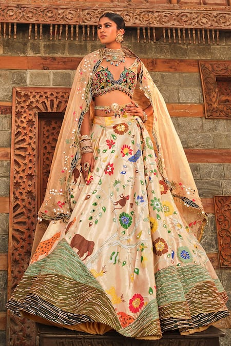 Buy_Aditi Gupta_Gold Silk, Tissue Beads, Cut Work, Paithani Botanical Woven Bridal Lehenga Set _Online_at_Aza_Fashions