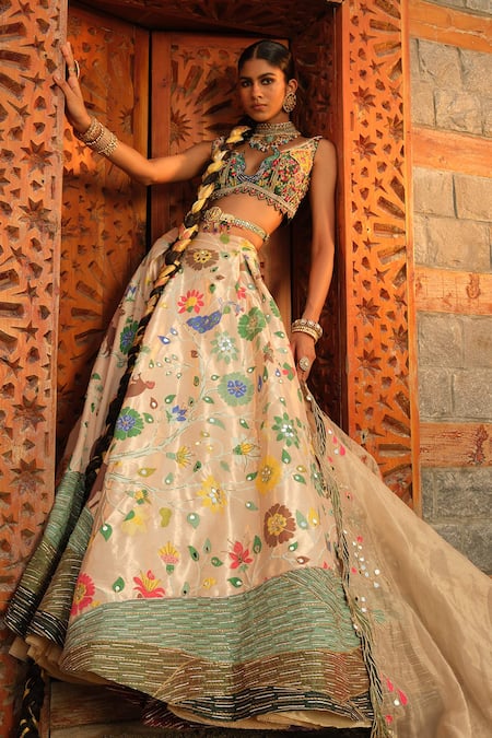 Shop_Aditi Gupta_Gold Silk, Tissue Beads, Cut Work, Paithani Botanical Woven Bridal Lehenga Set _Online_at_Aza_Fashions