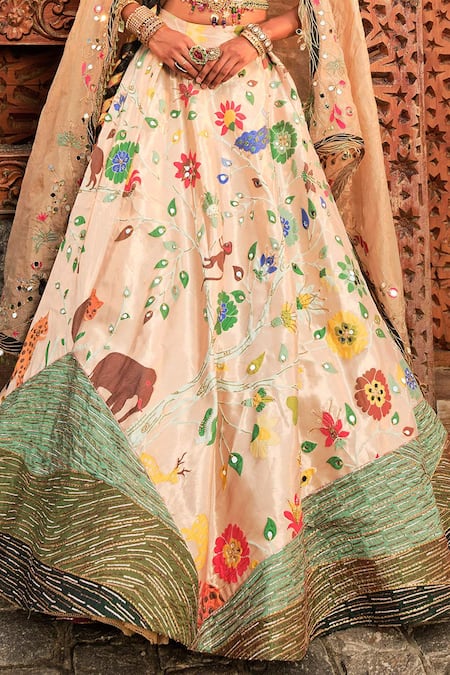 Buy_Aditi Gupta_Gold Silk, Tissue Beads, Cut Work, Paithani Botanical Woven Bridal Lehenga Set 