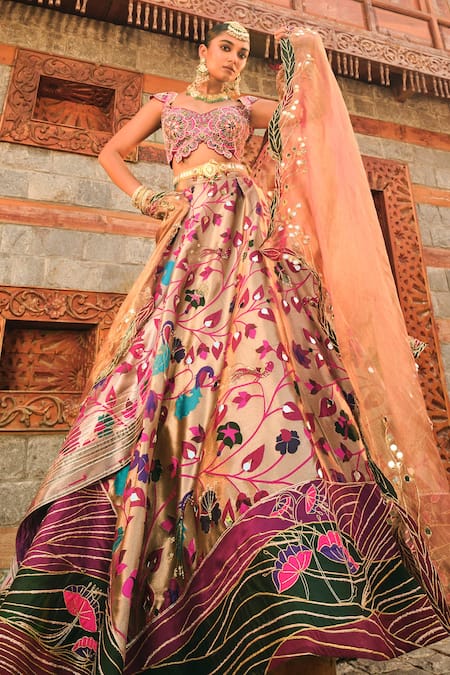 Aditi Gupta Rose Gold Lehenga Paithani Silk Woven Floral Broad V Neck Bridal Set 