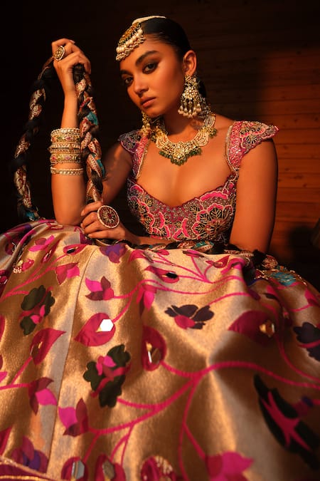 Aditi Gupta Rose Gold Silk, Tissue, Pashmina Paithani Floral Woven Bridal Lehenga Set at Aza Fashions Aditi Gupta_Rose Gold Silk, Tissue, Pashmina Paithani Floral Woven Bridal Lehenga Set _at_Aza_Fashions
