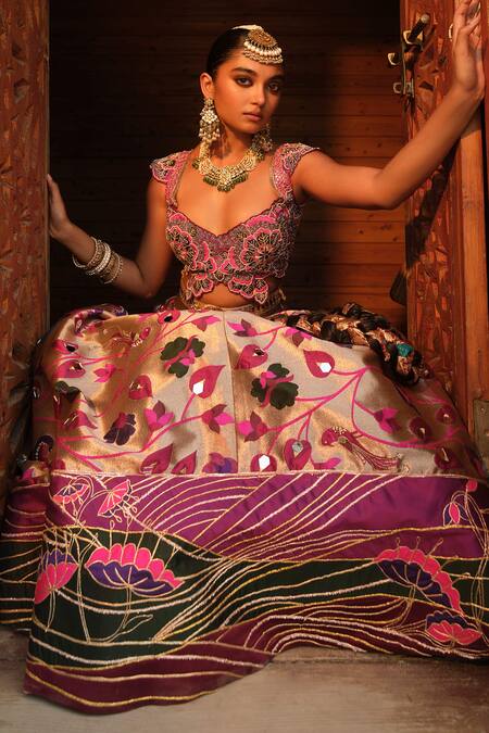 Buy Aditi Gupta Rose Gold Silk, Tissue, Pashmina Paithani Floral Woven Bridal Lehenga Set Buy_Aditi Gupta_Rose Gold Silk, Tissue, Pashmina Paithani Floral Woven Bridal Lehenga Set
