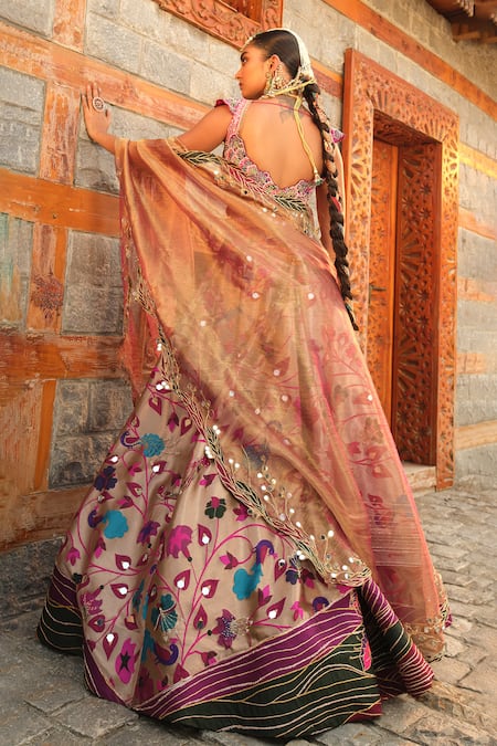 Shop Aditi Gupta Rose Gold Silk, Tissue, Pashmina Paithani Floral Woven Bridal Lehenga Set at Aza Fashions Shop_Aditi Gupta_Rose Gold Silk, Tissue, Pashmina Paithani Floral Woven Bridal Lehenga Set _at_Aza_Fashions