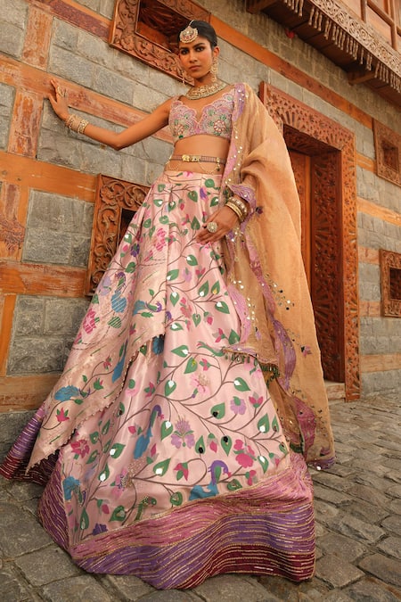 Aditi Gupta_Pink Pashmina, Silk, Tissue Mirrors, Paithani Leaf Woven Bridal Lehenga Set _Online_at_Aza_Fashions