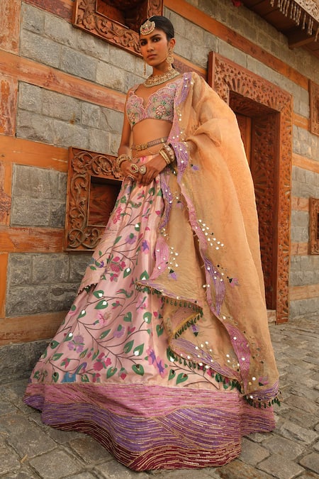 Buy_Aditi Gupta_Pink Pashmina, Silk, Tissue Mirrors, Paithani Leaf Woven Bridal Lehenga Set _Online_at_Aza_Fashions