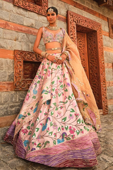 Shop_Aditi Gupta_Pink Pashmina, Silk, Tissue Mirrors, Paithani Leaf Woven Bridal Lehenga Set _Online_at_Aza_Fashions