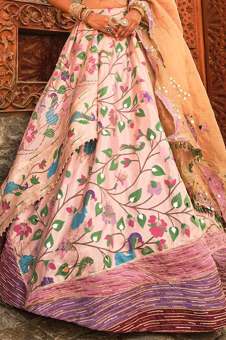 Aditi Gupta_Pink Pashmina, Silk, Tissue Mirrors, Paithani Leaf Woven Bridal Lehenga Set _at_Aza_Fashions