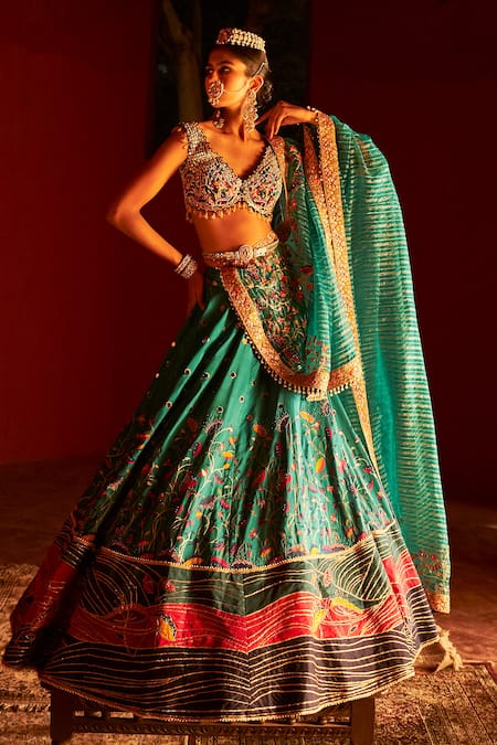 Aditi Gupta Blue Lehenga Paithani Silk Woven Florette Cutwork V Neck Bridal Set 