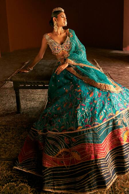 Aditi Gupta_Blue Pashmina, Silk, Tissue Pearls, Paithani Florette Woven Bridal Lehenga Set _Online_at_Aza_Fashions