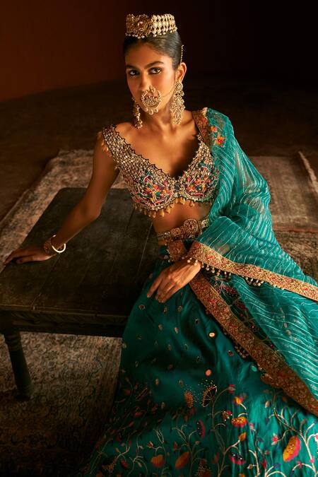 Buy_Aditi Gupta_Blue Pashmina, Silk, Tissue Pearls, Paithani Florette Woven Bridal Lehenga Set _Online_at_Aza_Fashions