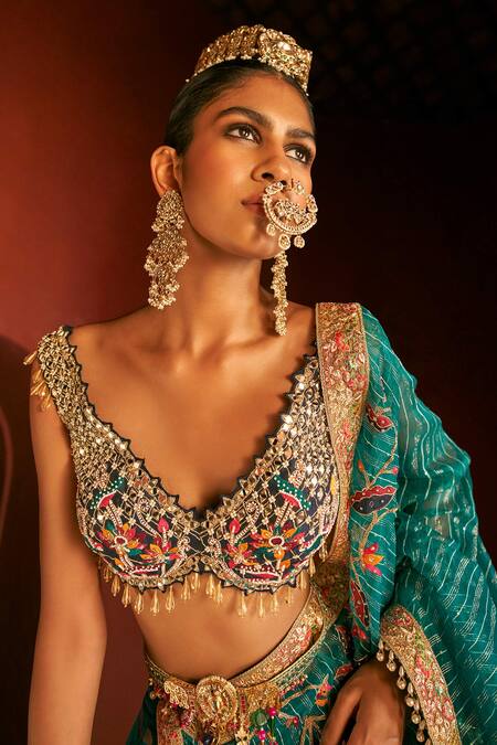 Shop_Aditi Gupta_Blue Pashmina, Silk, Tissue Pearls, Paithani Florette Woven Bridal Lehenga Set _Online_at_Aza_Fashions