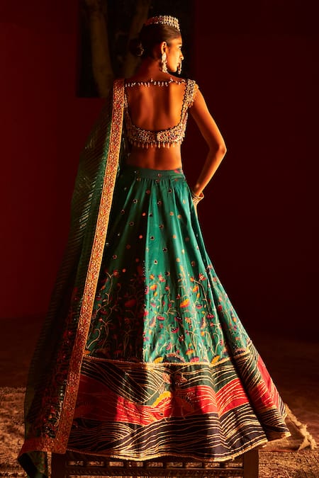 Shop_Aditi Gupta_Blue Pashmina, Silk, Tissue Pearls, Paithani Florette Woven Bridal Lehenga Set _at_Aza_Fashions