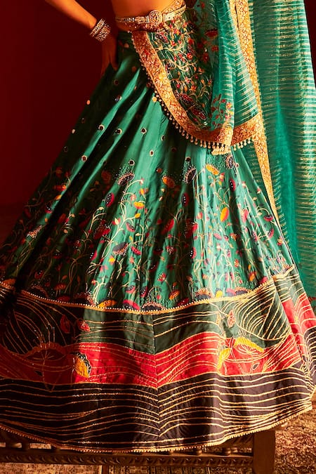 Aditi Gupta_Blue Pashmina, Silk, Tissue Pearls, Paithani Florette Woven Bridal Lehenga Set _at_Aza_Fashions