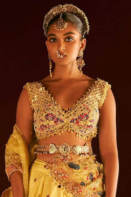 Buy Aditi Gupta Yellow Pashmina, Silk, Tissue Sequins, Paithani Flower Woven Bridal Lehenga Set Buy_Aditi Gupta_Yellow Pashmina, Silk, Tissue Sequins, Paithani Flower Woven Bridal Lehenga Set